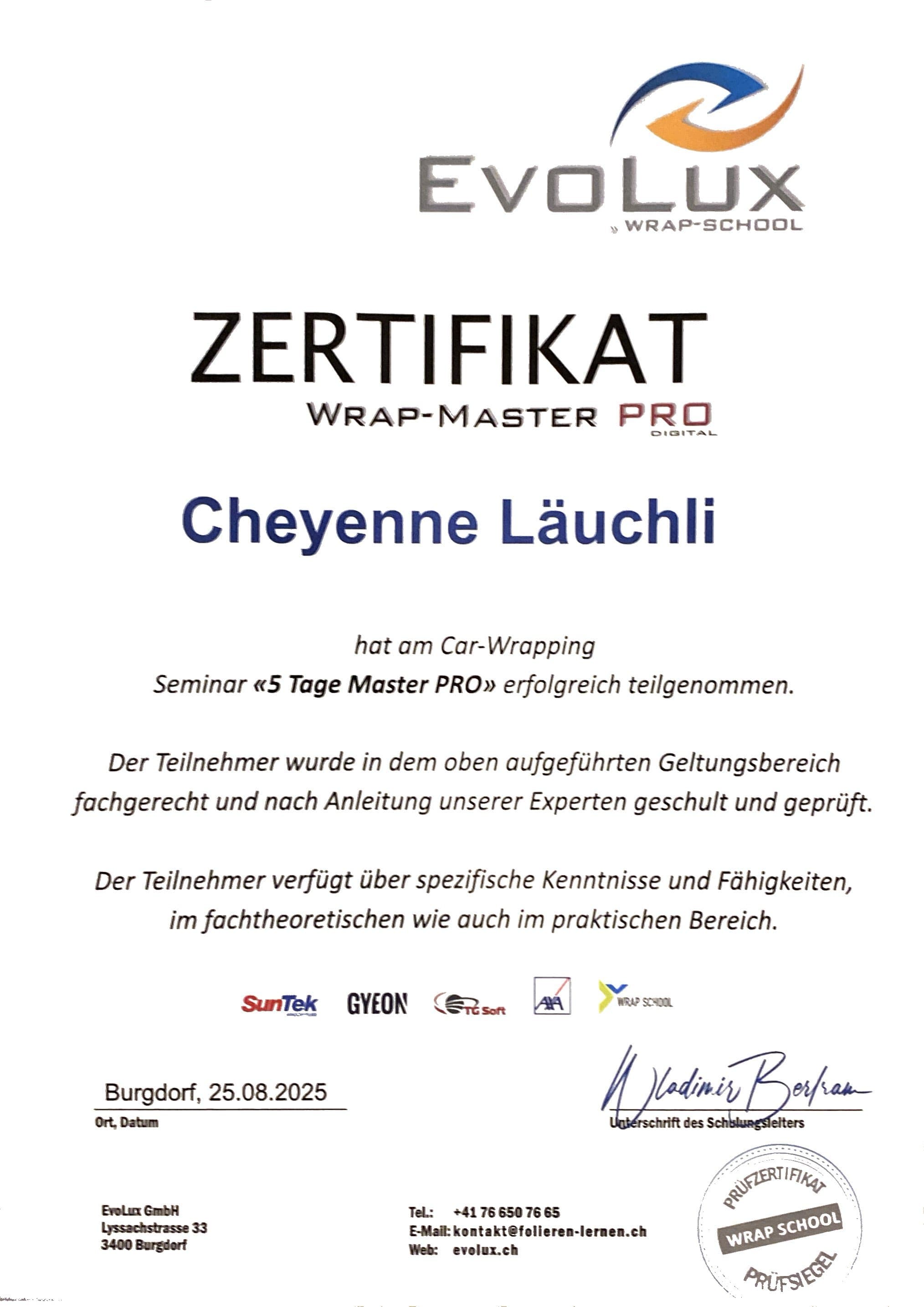 Evolux Schulungszertifikat